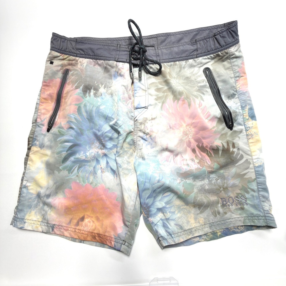 BOSS Hugo Boss Floral Swim Trunks Men's XL Pastel Board Shorts Zip Pockets